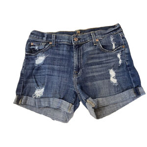 7 For All Mankind Blue Denim Distressed Cuffed Shorts Sz 27